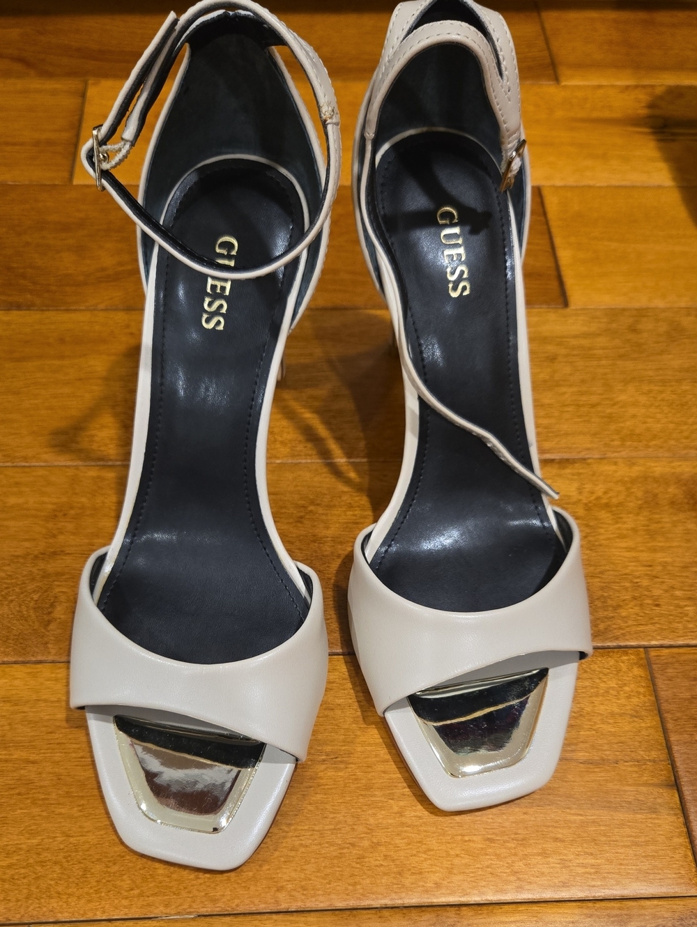 Guess Cream Open-Toe Ankle-Strap Block Heels with Gold Accent